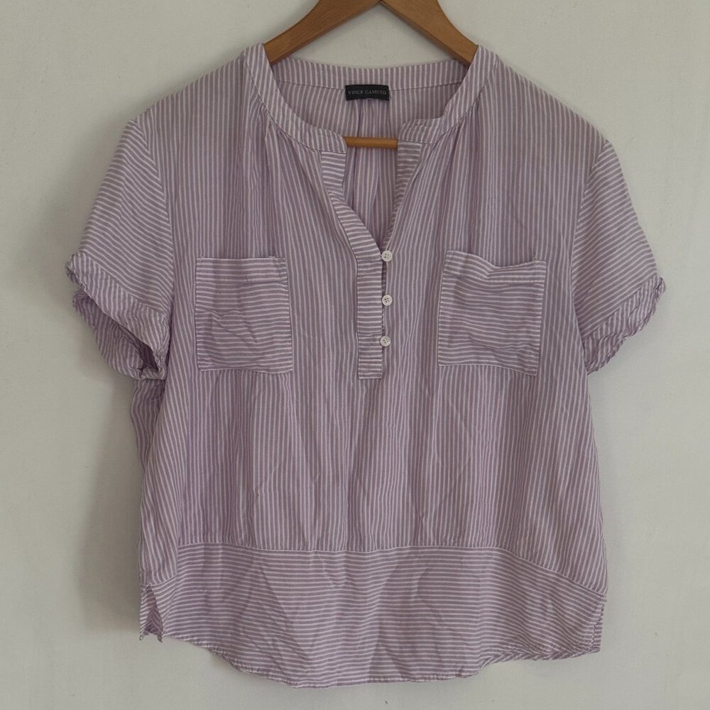 Vince Camuto Women Pink Stripped Print V Neck Short Sleeve Blouse Top Size L